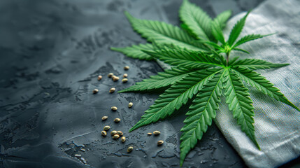 One large green cannabis leaf lies on grey linen napkin, on slate dish with cannabis seeds, on blurred structured dark gray background.  Copy space for text.