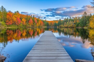 A Tranquil Lake Scene with Autumn Colors Reflected in Clear Waters