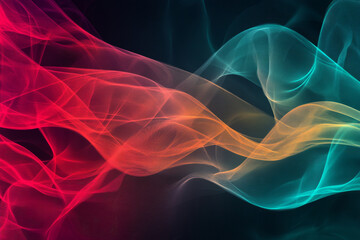 Fototapeta premium A dynamic, colorful abstract background with overlapping translucent ribbons. The glowing strands of deep teal, soft magenta, and fiery red weave seamlessly, creating an elegant, futuristic, and fluid