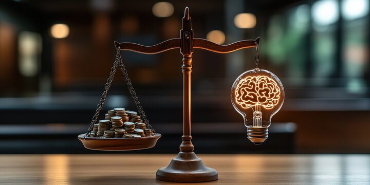 Scale balancing money and a sharp mind symbolizes that good ideas are as valuable as wealth