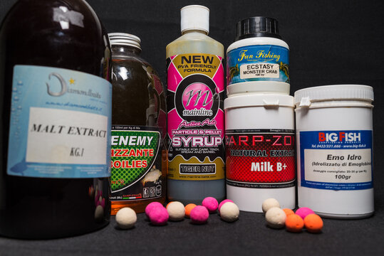 Liquid or powdered ingredients and attractors for making boilies, baits for carp fishing, produced by famous brands of equipment, accessories and self making of baits for carp fishing