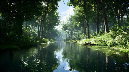 Lush Green Forest Scene With River Flowing Through Sunlight Filtering Through Tree Canopy