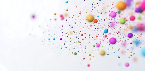 Interconnectedness: A vibrant tapestry of interconnectedness, symbolized by colorful spheres linked by delicate threads, forming a complex network on a soft, ethereal background.