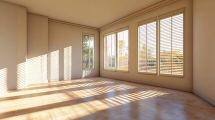 Sunlit Empty Room Interior Design:  Modern Minimalist Space with Large Windows and Venetian Blinds
