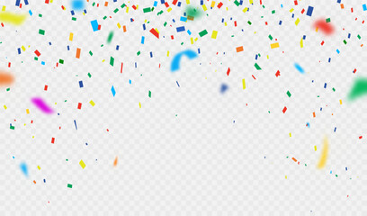 Colorful confetti and party streamers on white background celebrating a fun and festive design. Falling shiny colorful confetti isolated on transparent background.
