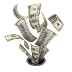 Money drain, hundred dollar bills swirling, financial vortex, currency disappearing, cash flowing away, money down the drain, financial loss concept, dollars vanishing, wealth depletion,