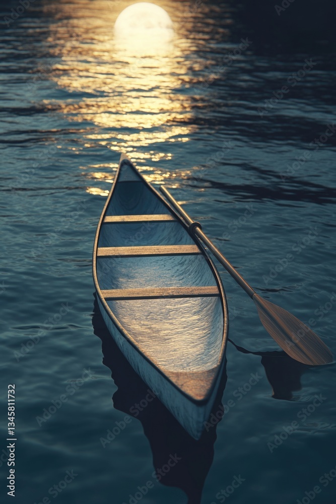 Poster a peaceful scene of a row boat floating on calm waters at sunset, great for any project that require