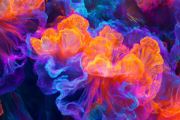 A surreal, colorful abstract background featuring bioluminescent coral textures. The glowing, intricate organic forms in vivid orange, neon blue, and rich fuchsia create an underwater, dreamlike, and