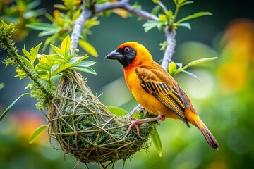 Weaver Bird Building Nest, Close-Up Side Profile, Copy Space
