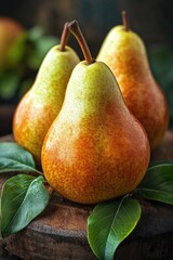 Fresh pears sit on a rustic wooden table, perfect for still life photography or kitchen decor