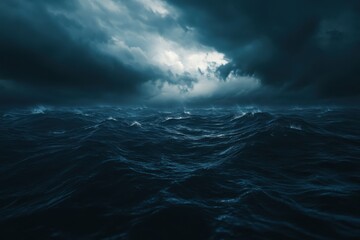 A dramatic stormy ocean under dark clouds illuminated by muted sunlight at dusk