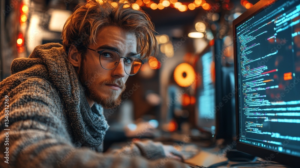 Poster focused programmer working late at night in a dimly lit room with multiple computer screens