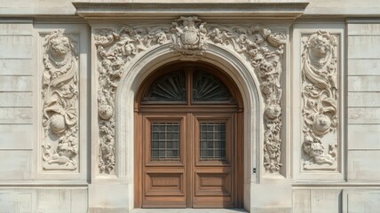 Fototapeta premium Ornate Stone Doorway with Carved Details and Wooden Double Door