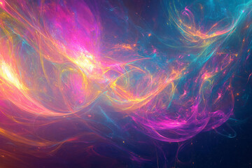Fototapeta premium A vibrant, colorful abstract background with swirling neon waves blending into a cosmic gradient. Fluorescent pinks, blues, and purples flow seamlessly, creating an energetic yet mesmerizing