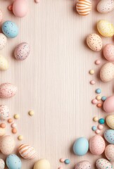 Colorful Easter Eggs on a Light Wooden Surface with Festive Decorations for Spring Celebrations and Seasonal Decor Ideas