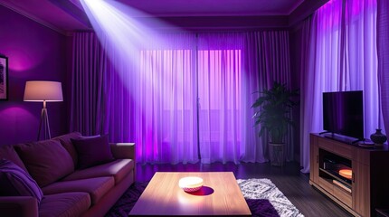 Warm light filters through sheer curtains creating an inviting atmosphere in a stylish living room with purple tones and soft furnishings