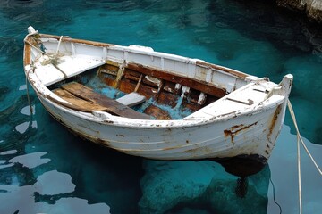 Obraz premium Weathered Boat Resting Peacefully on the Serene, Crystalline Waters of the Mediterranean Sea