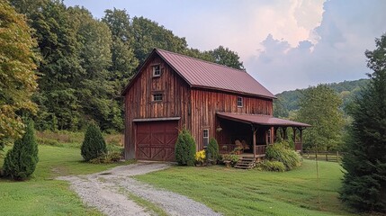 Obraz premium An old rustic barn sits surrounded by green trees and nature