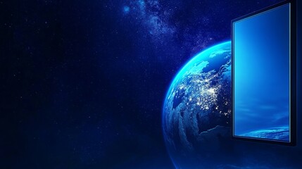 Obraz premium Blue gradient background, Earth in the lower right corner, blue light at the top of the screen, dark blue space above and below,