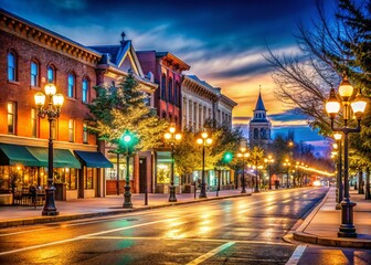 Obraz premium Windsor Colorado Night Photography: Illuminated Downtown Street Scene