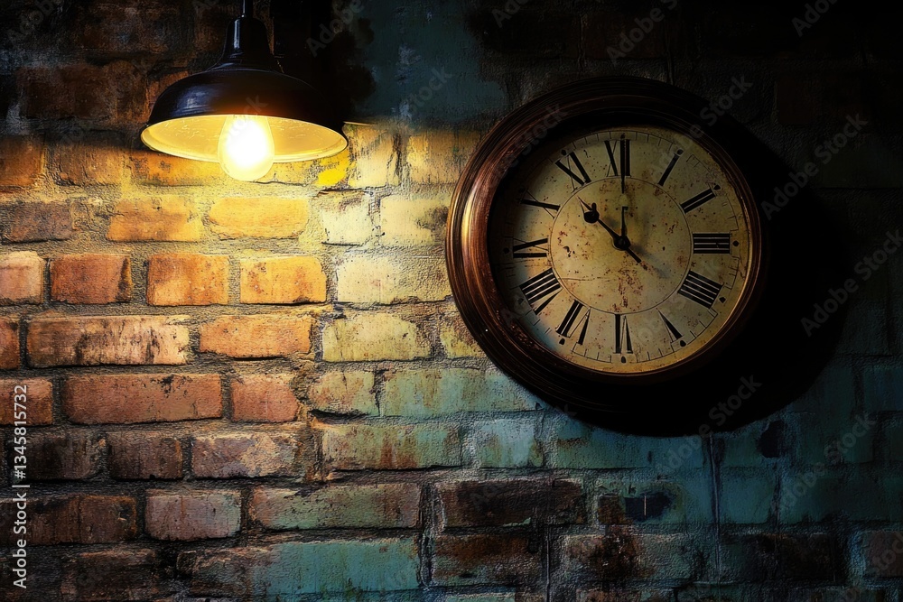 Poster A clock on a brick wall next to a light source, perfect for use in interior design or architecture contexts