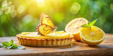 Yellow Butterfly on Lemon Tart, Summer Food Photography