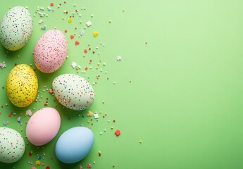 Colorful Easter Eggs on Green Background with Sprinkles and Confetti for Festive Celebrations and Spring Decor Inspirations
