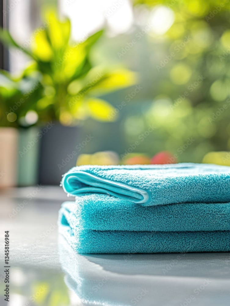Poster a stack of blue towels placed on a table, perfect for a bathroom or spa setting