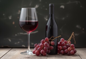 Fototapeta premium A glass and a bottle of red wine with a bunch of grapes on a wooden surface