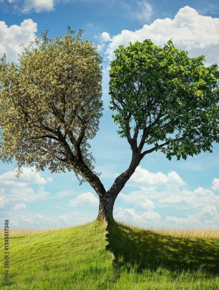 Aufkleber image of two trees standing in a grassy field under a blue sky