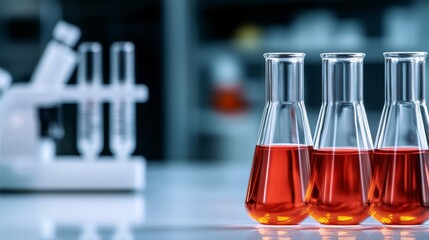 Three beakers of red liquid sit on a table. The table is surrounded by lab equipment, including a microscope and a few test tubes. Concept of scientific exploration and experimentation