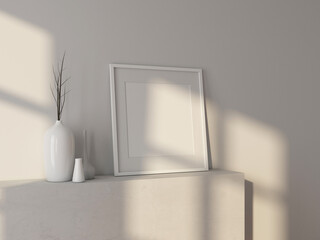 White Square art poster frame mockup with passepartout standing in room with shadows from window. 3d rendering