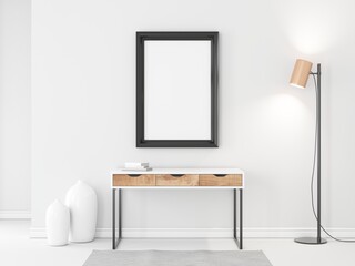 Vertical black poster Frame Mockup for art hanging on the wall in room. 3d rendering