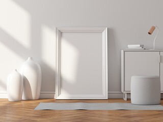 Vertical white Frame Mockup for art standing on floor in room. 3d rendering