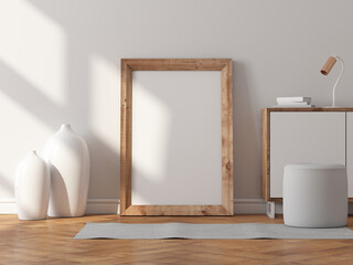 Vertical Wooden Poster Frame Mockup standing on the wooden floor with vases. 3d rendering