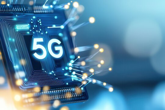 Technology 5G networks wireless streaming. 5G technology concept with circuit and glowing elements.