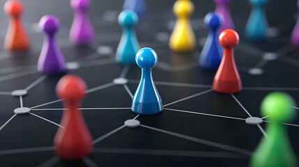 Colorful Plastic Figurines Connected by White Lines on Dark Surface Representing Teamwork and Networked Relationships