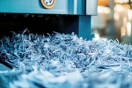 A close-up shot of a machine cutting through shredded paper