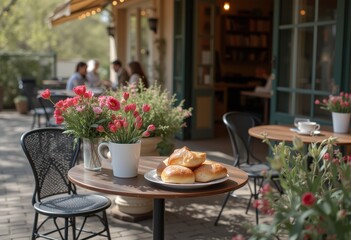 Fototapeta premium Outdoor cafe scene with a plate of pastries and a cup of coffee on a table with a vase of tulips