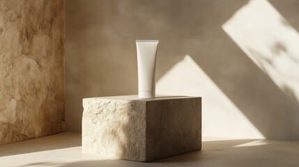 A white tube of face cream , resting atop an elegant beige pedestal in soft daylight. The scene is minimalistic and clean