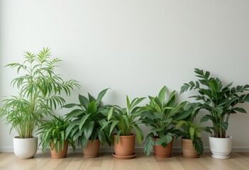 Obraz premium Assortment of healthy indoor plants in different pots aligned against a plain white wall on a wooden floor