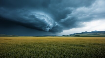 Giant storm cloud looms over rural landscape as nature prepares for a powerful weather event