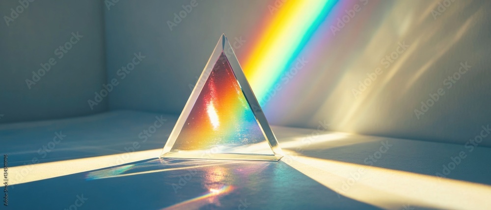 Poster A colorful rainbow shines bright through a glass prism on a white surface, perfect for adding a pop of color to any design
