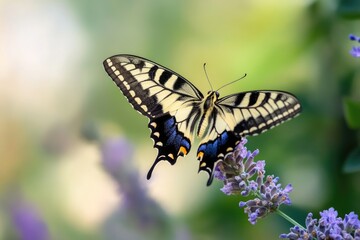 Obraz premium A butterfly rests on a vibrant purple flower, showcasing its delicate features and the beauty of nature