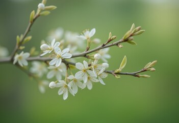  Branch of a tree with delicate white blossoms and yellow stamens against a soft green background