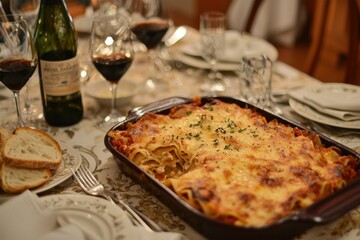 A beautifully set table with a freshly baked lasagna, with a golden