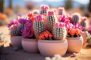 Behold, stark dichotomy betwixt unforgiving arid expanse of desert and astonishing efflorescence of vibrant hues and animated existence bestowed upon us by blossoming cacti