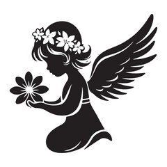 Cute angel girl silhouette holding flower vector illustration design