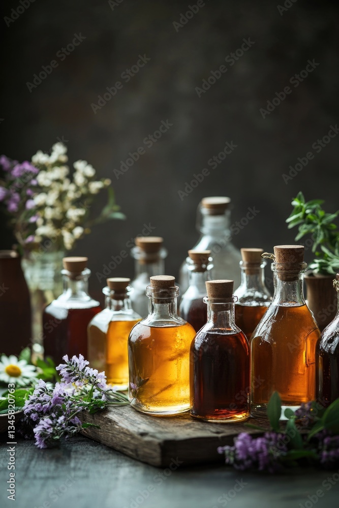 Poster a colorful table setting featuring syrup bottles and fresh flowers