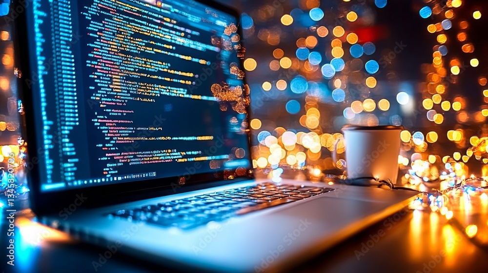 Poster astronaut working late at a desk surrounded by soft lights and coding on a laptop